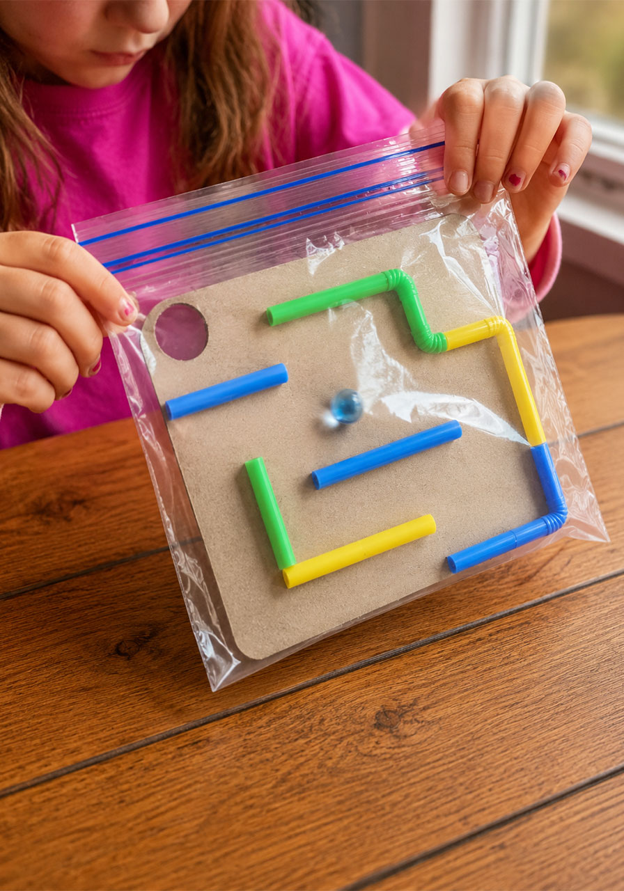 Child tilting DIY baggie maze to move marble through STEM puzzle