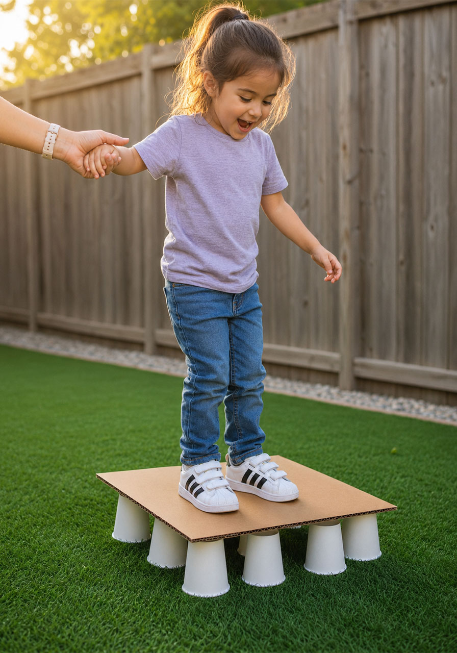 Child standing safely on paper cups topped with cardboard without breaking them