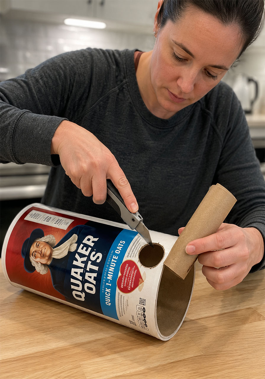 Adult cutting a hole in the oatmeal canister for the Chladni plate tube