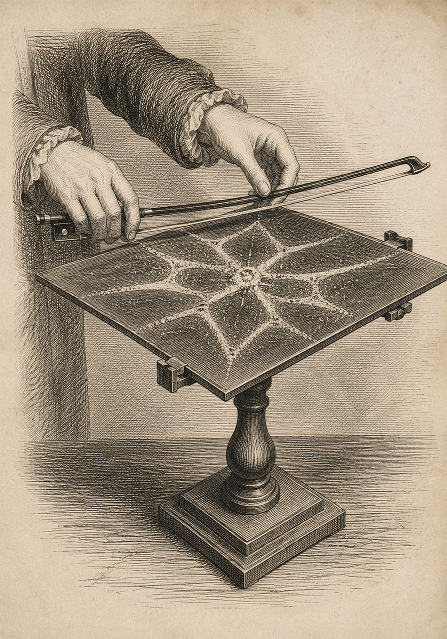Vintage illustration of the original Chladni plate sand pattern technique