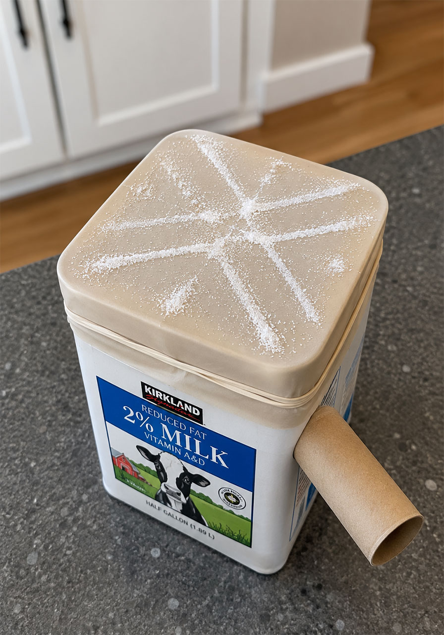 Square Chladni plate variation made from a milk carton showing angular sound patterns