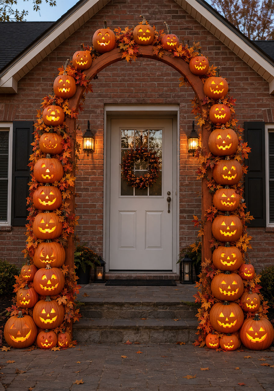 Classic outdoor Halloween arch covered in carved jack-o'-lantern pumpkins