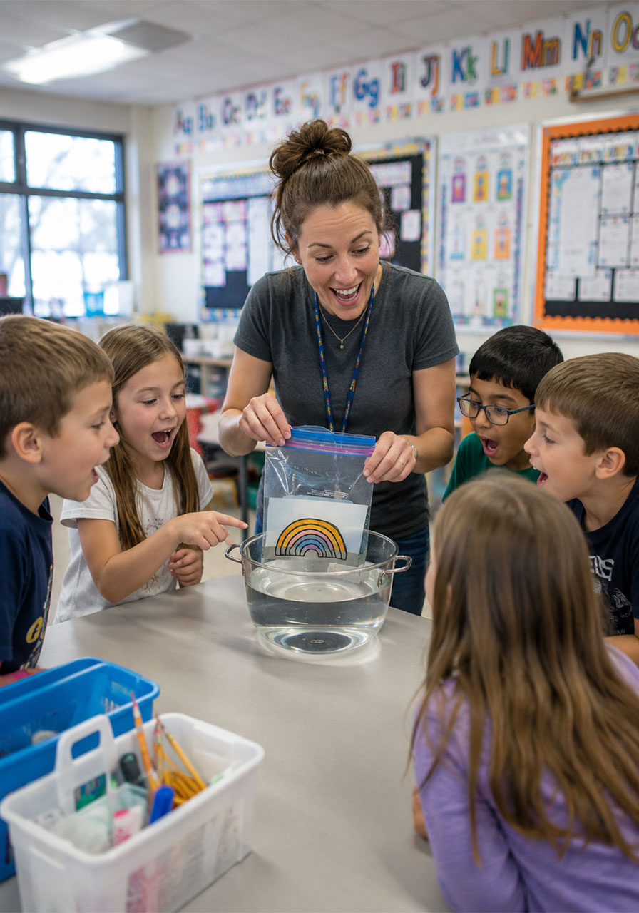Teacher demonstrating water refraction science experiment to excited elementary school students