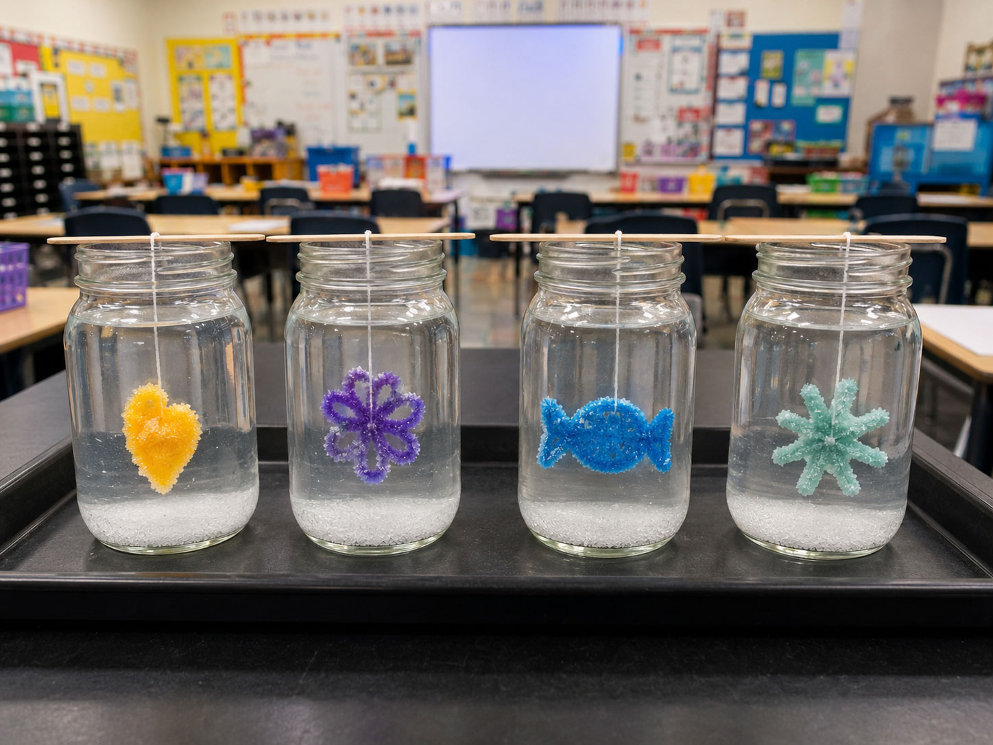 Classroom setup of borax crystal jars for a group STEM science experiment