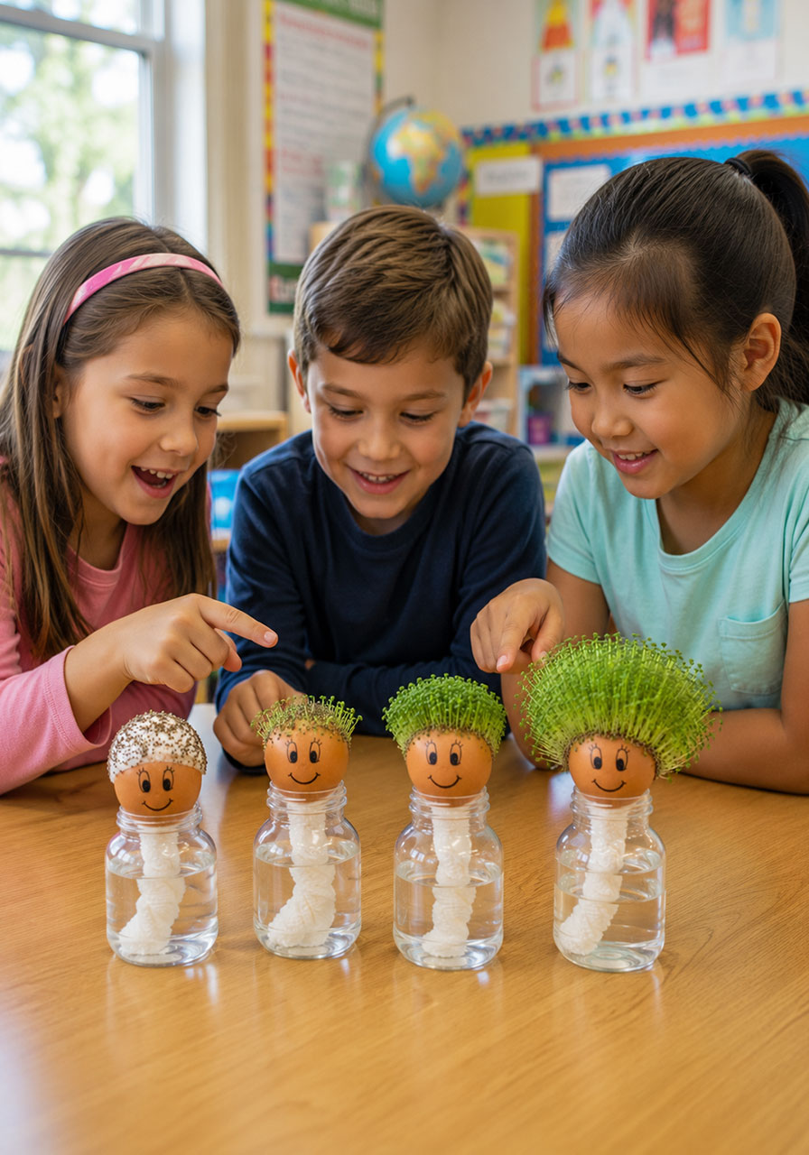 Classroom STEM activity: students comparing chia seed egg head growth