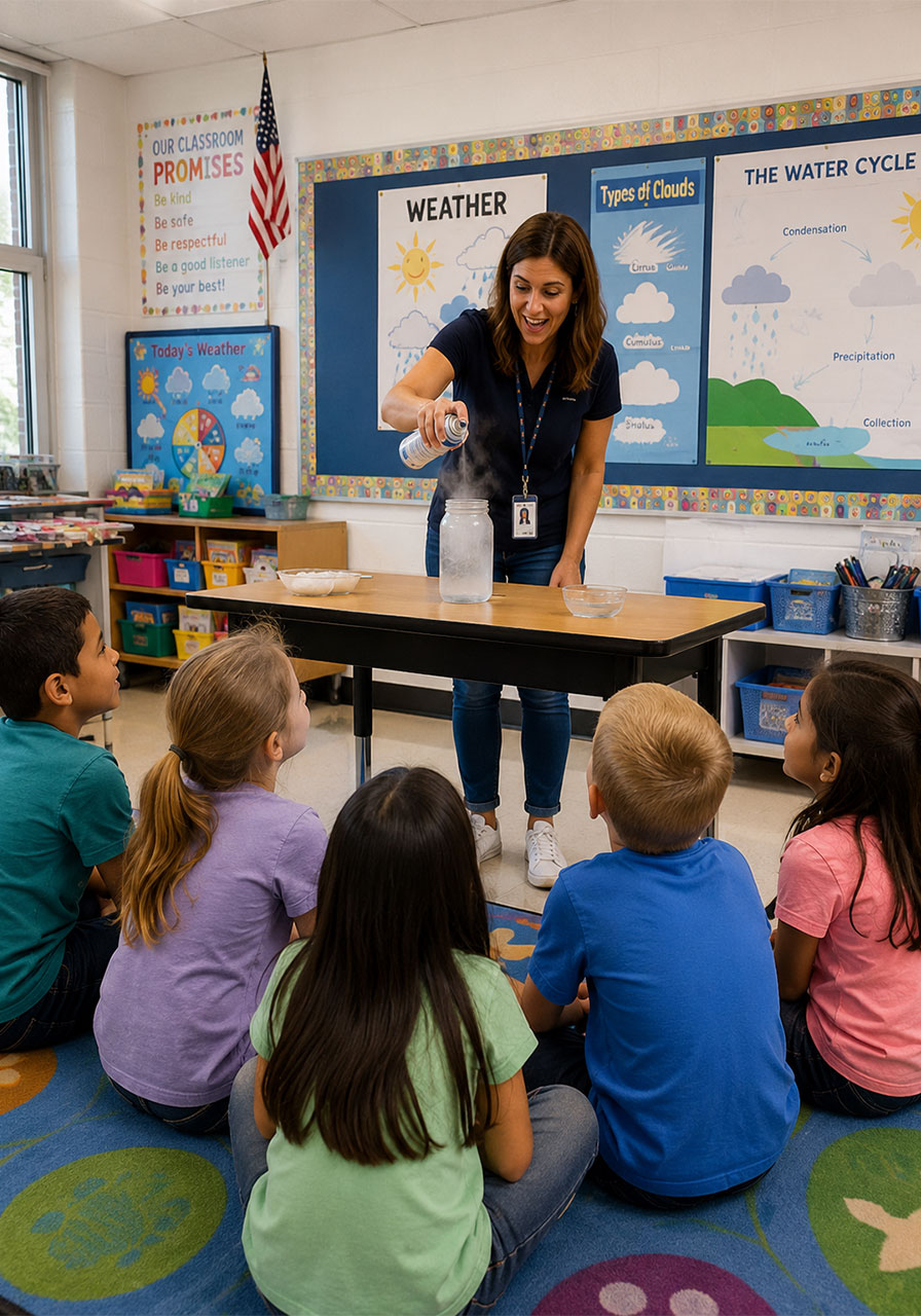 Teacher demonstrating cloud in a jar experiment to elementary classroom