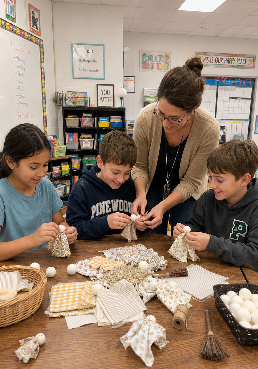 Students making fabric ghost garlands together in a classroom craft activity