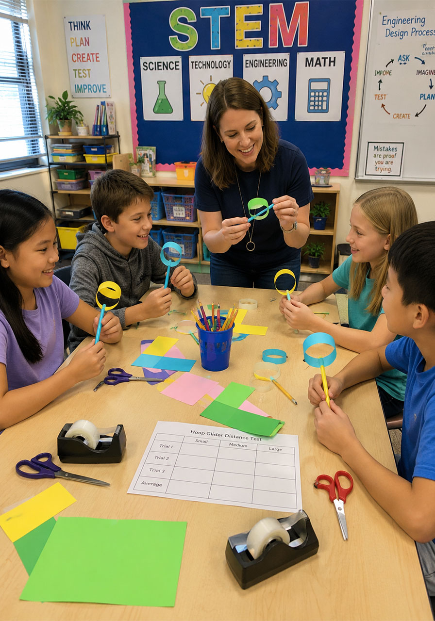 Teacher and students building hoop gliders together as a classroom STEM activity