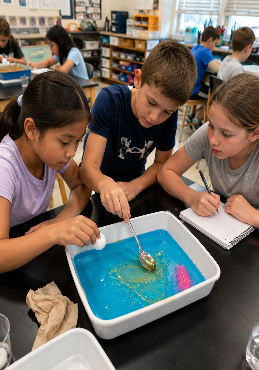 Group of elementary students testing an oil spill clean-up experiment together in the classroom