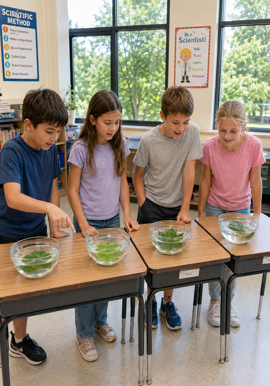 Classroom students comparing photosynthesis experiment results with different leaves