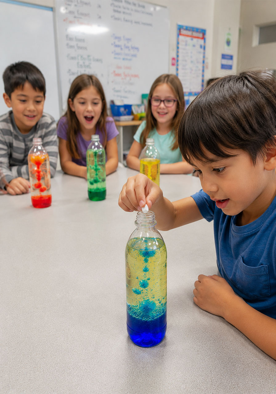 Group of kids making DIY lava lamps together as a classroom STEM activity