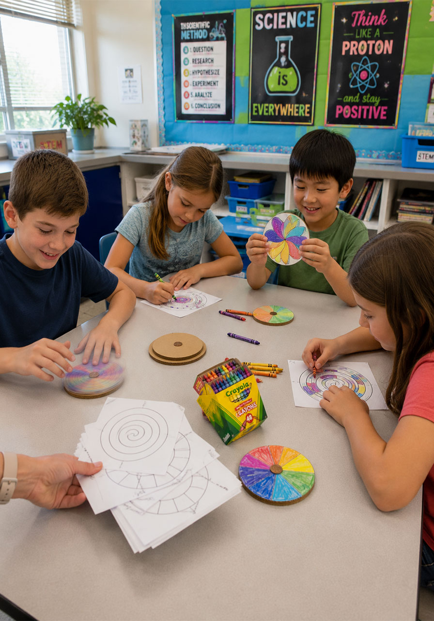 Teacher and students making penny spinners as a classroom STEM activity