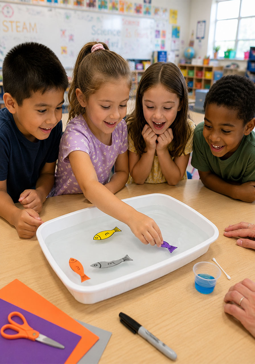 Teacher and students doing swimming fish STEM experiment together in classroom