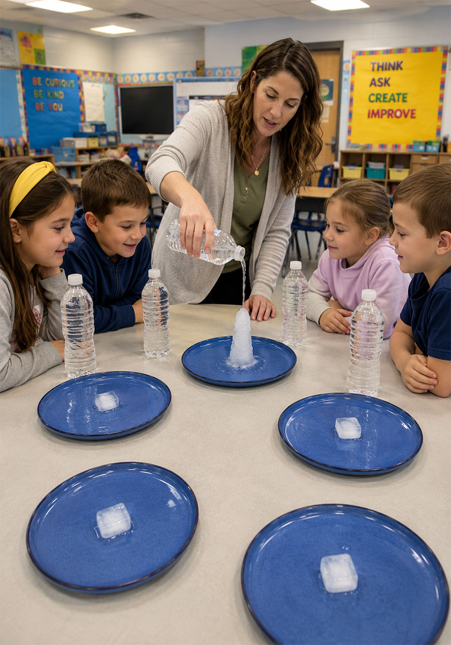 Teacher demonstrating the instant ice science experiment to students in a classroom