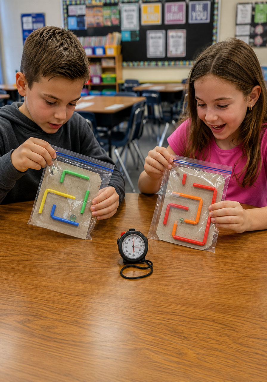 Elementary students racing STEM straw maze activity in classroom