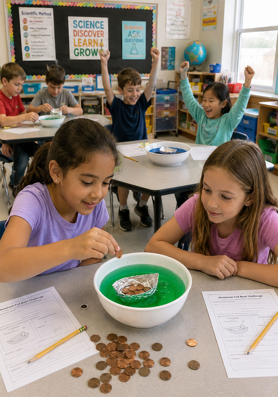 Elementary students work in small groups to test foil boat designs during a classroom STEM buoyancy activity