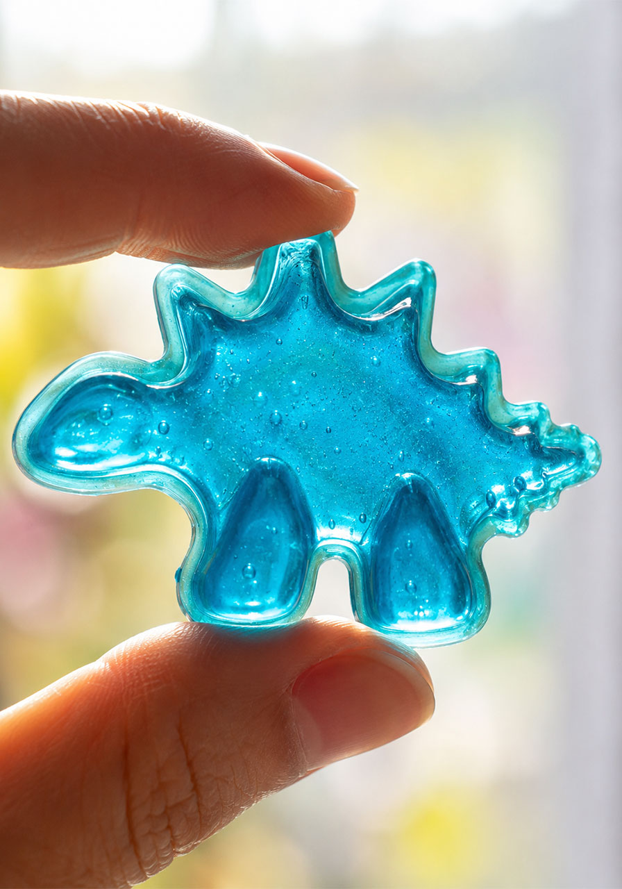 Close up of translucent glossy homemade gelatin bioplastic dinosaur shape