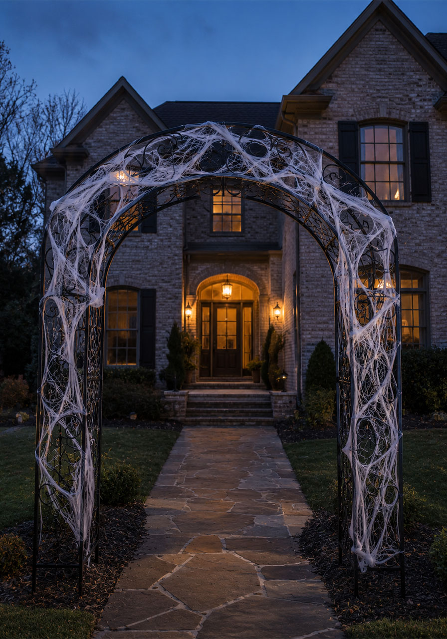 Elegant black metal Halloween arch with subtle cobweb draping