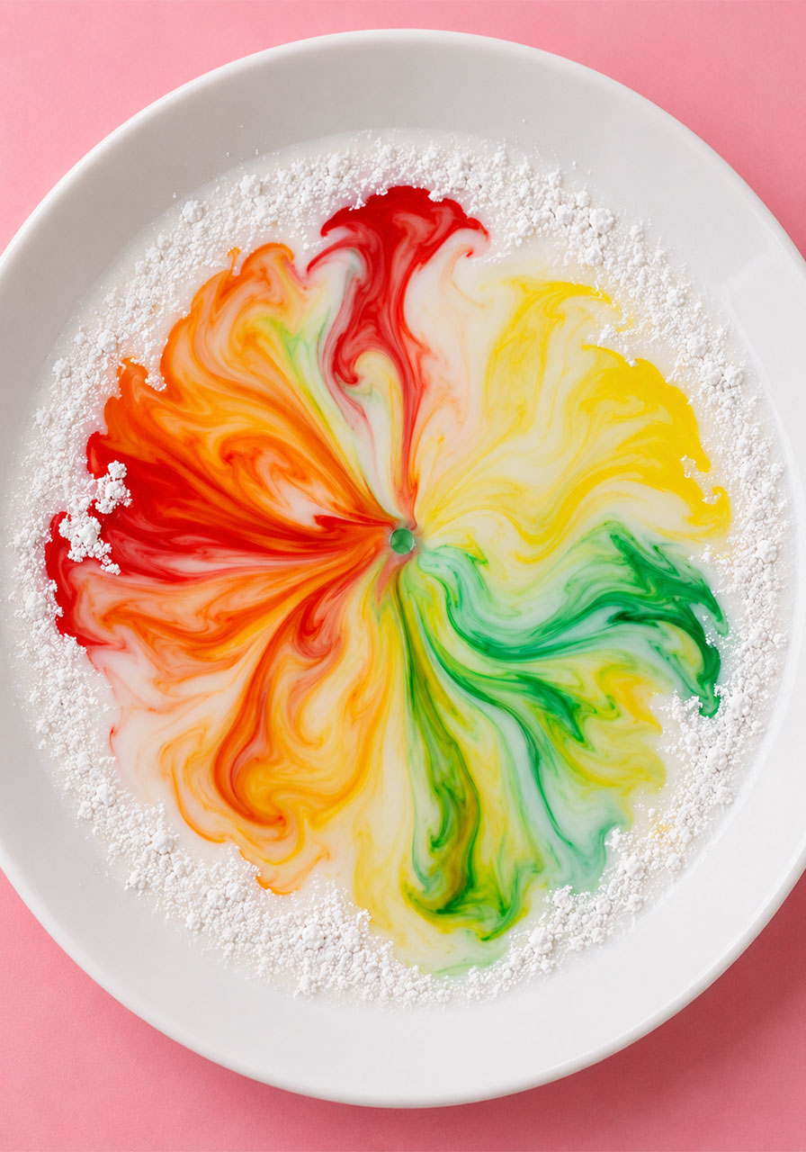 Step 5: colors swirling and exploding across the milk during the STEM experiment