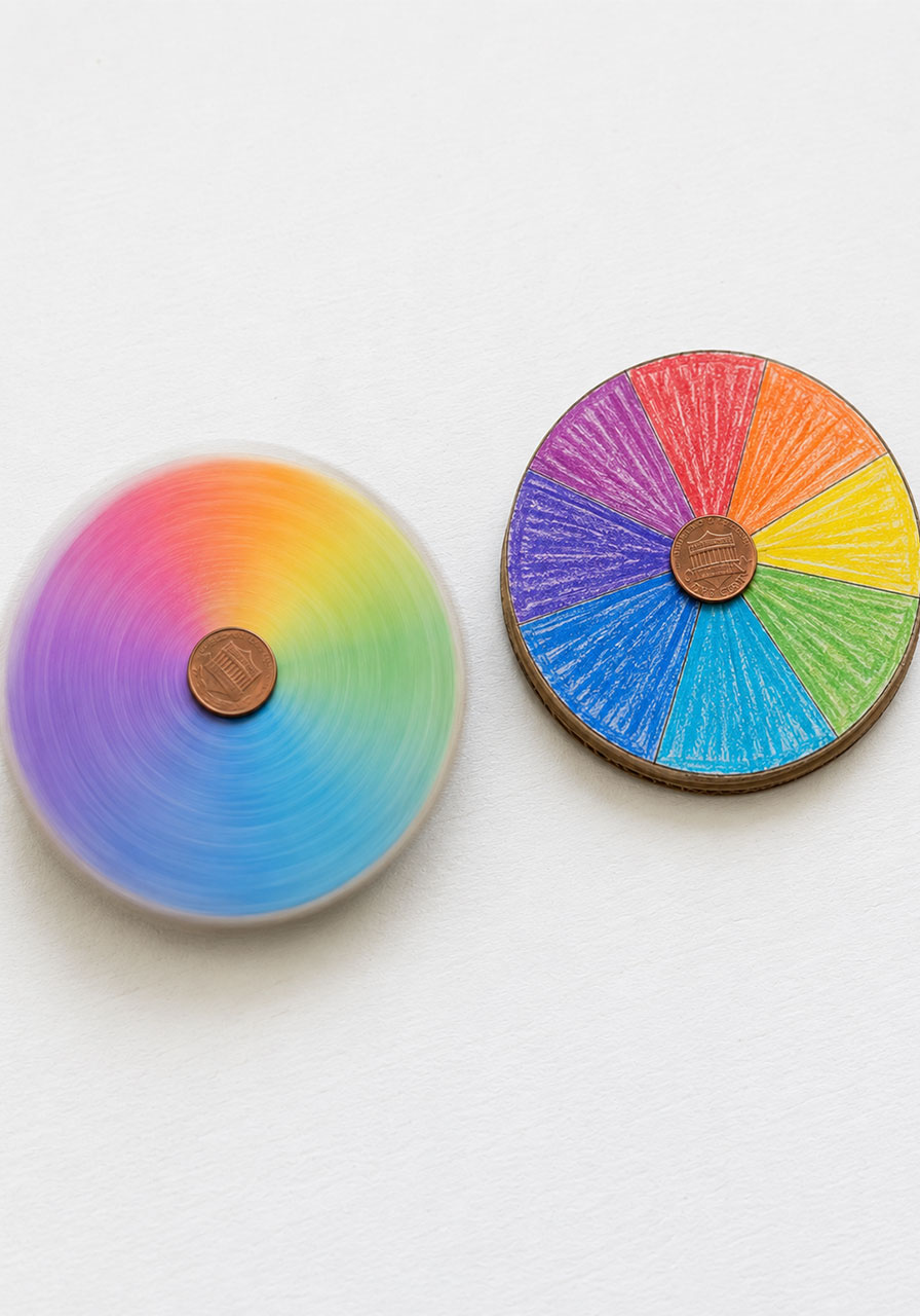 Rainbow color wheel penny spinner blending colors while spinning for a science lesson