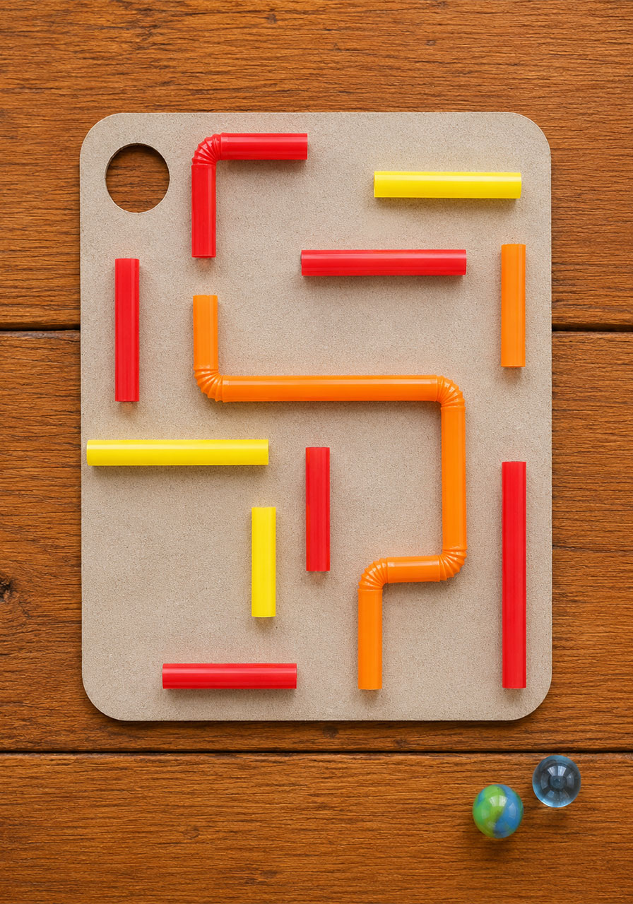 Finished cardboard straw maze board ready for baggie