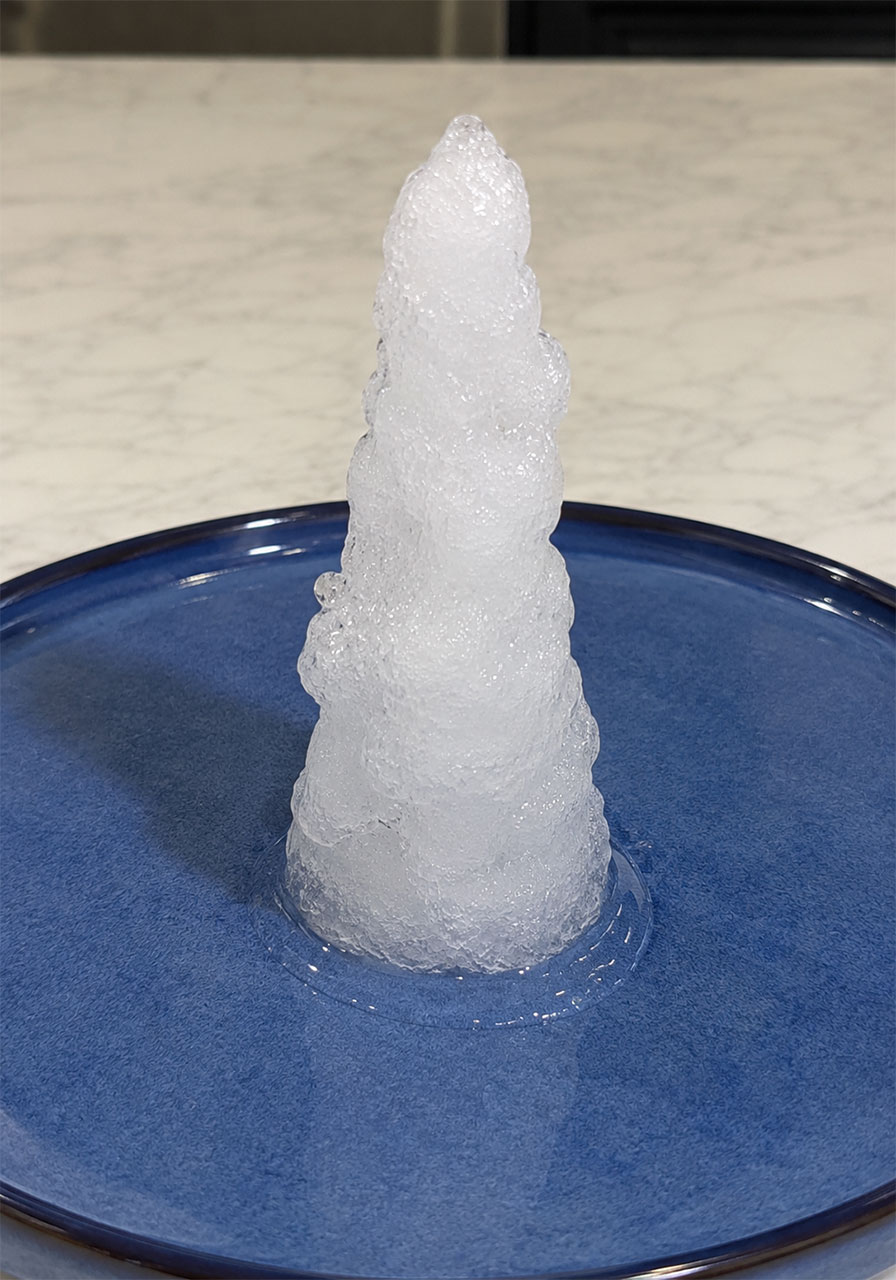Finished ice tower created from the instant ice science experiment for kids
