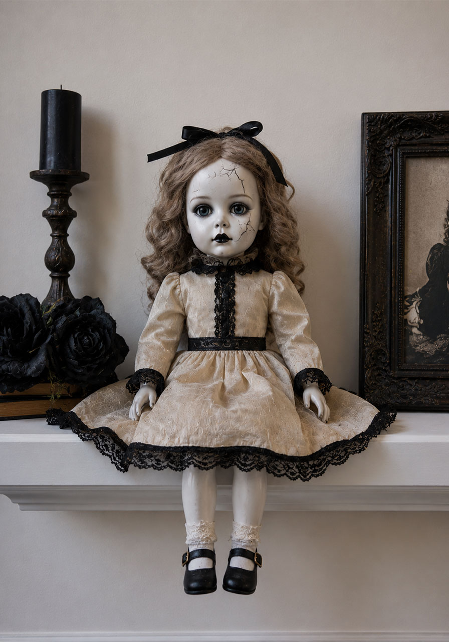 Cracked porcelain-style doll displayed on a floating shelf for Halloween decor
