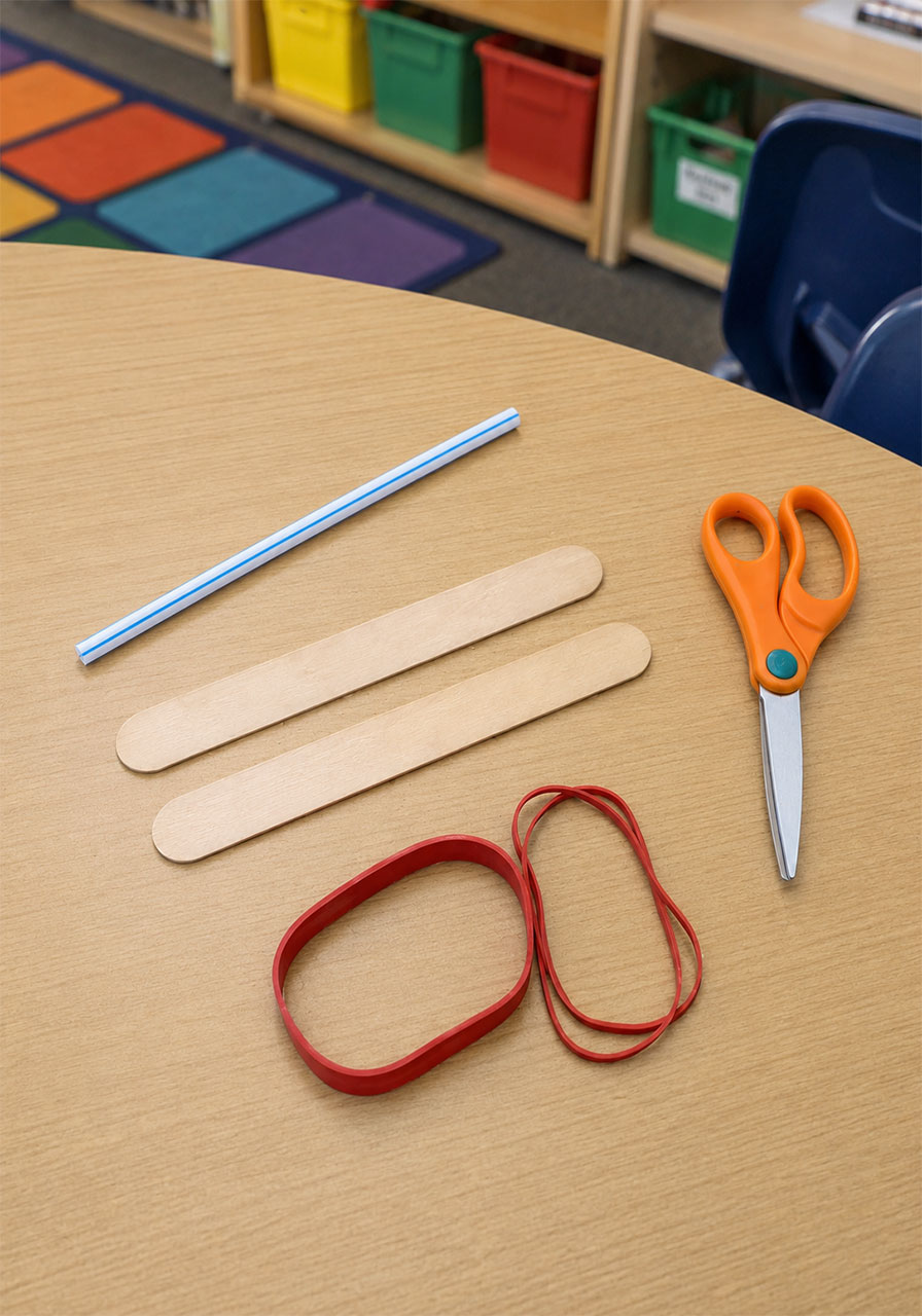 Materials needed to make a craft stick harmonica: jumbo craft sticks, rubber bands, and a straw