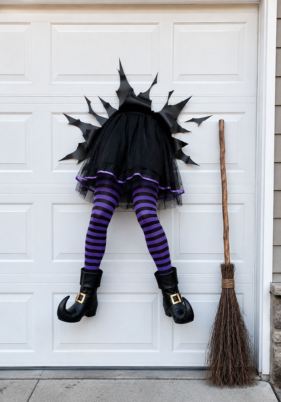 Funny crashed witch garage door Halloween decoration craft