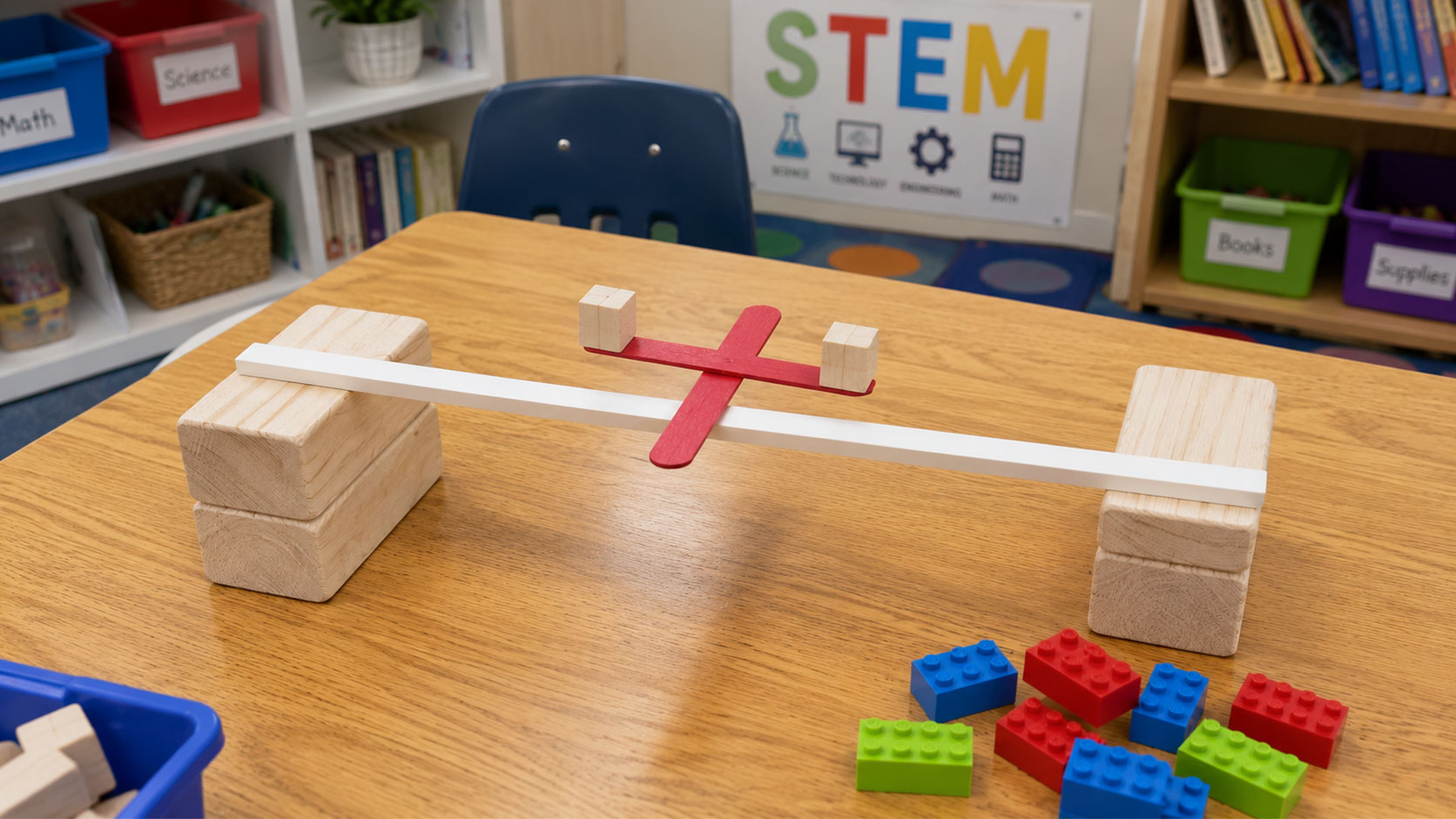 Crazy Balancing Craft Sticks STEM challenge setup with dowel rod and wooden cubes