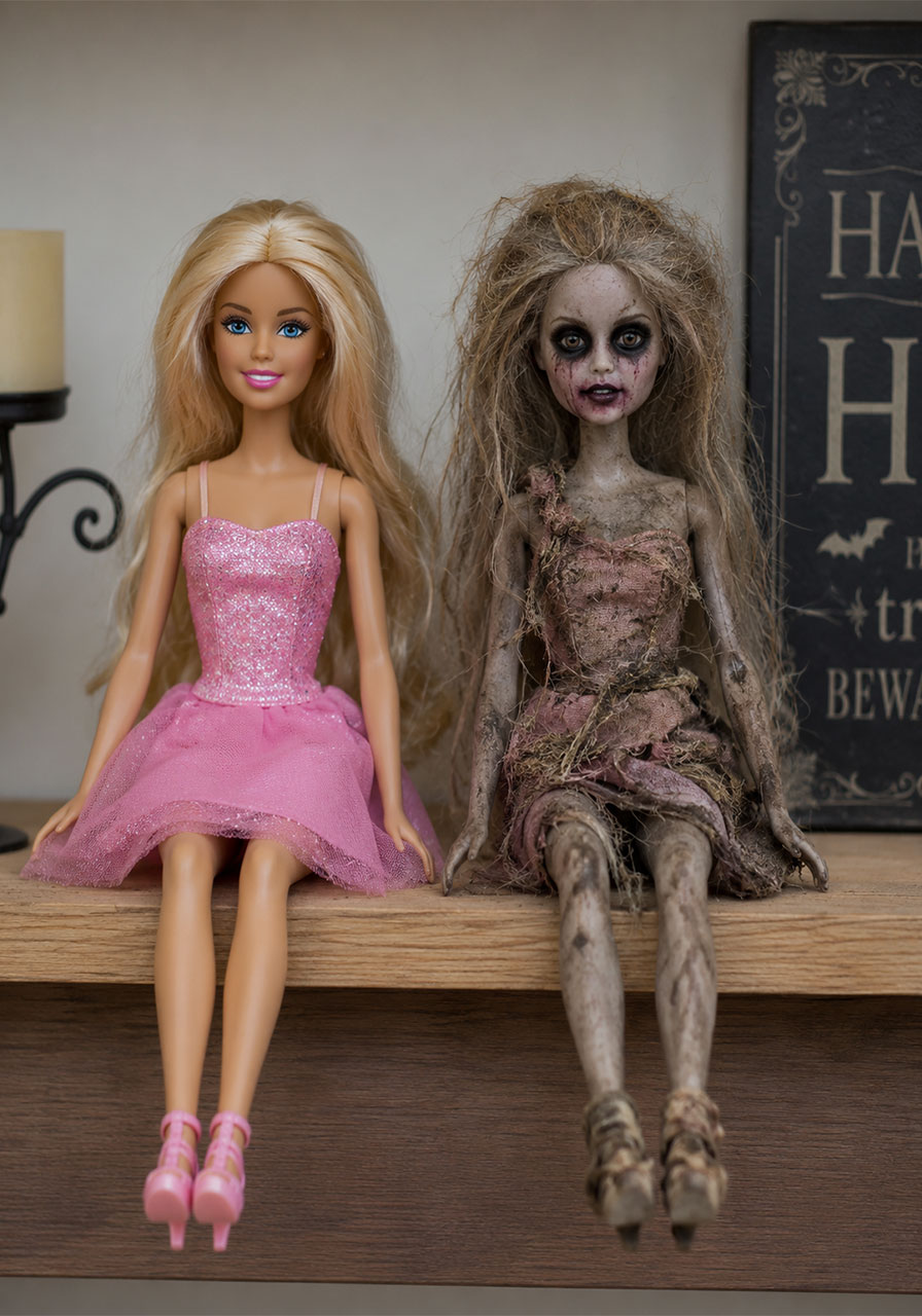 Before and after creepy Barbie makeover for Halloween decoration display