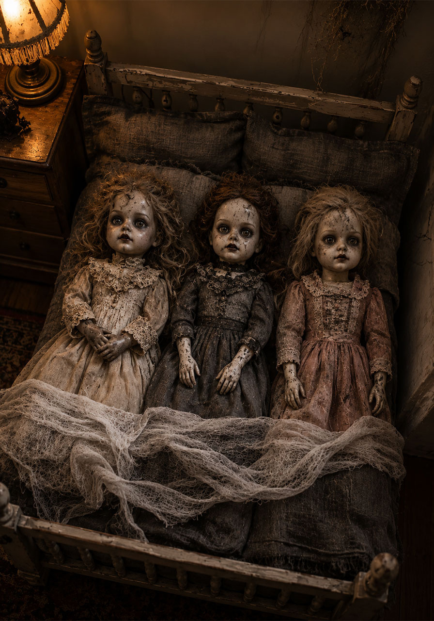 Dolls staged lying in a small bed for creepy Halloween indoor decoration