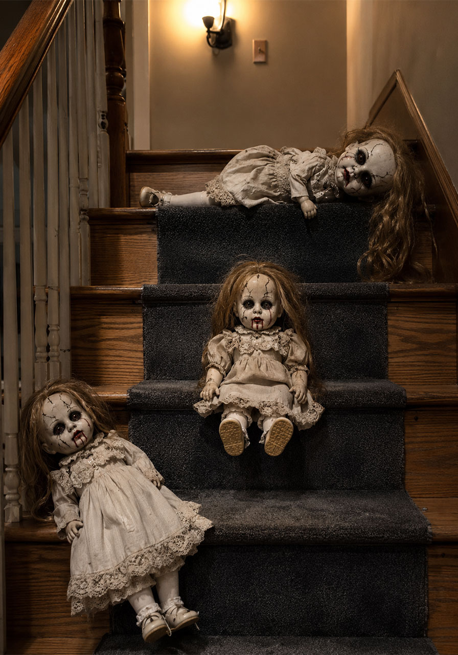 Creepy doll Halloween decoration idea with cracked-face dolls arranged on a staircase
