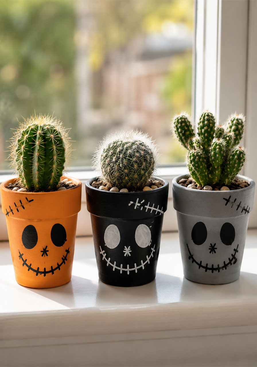 DIY spooky face painted cactus planter Halloween craft