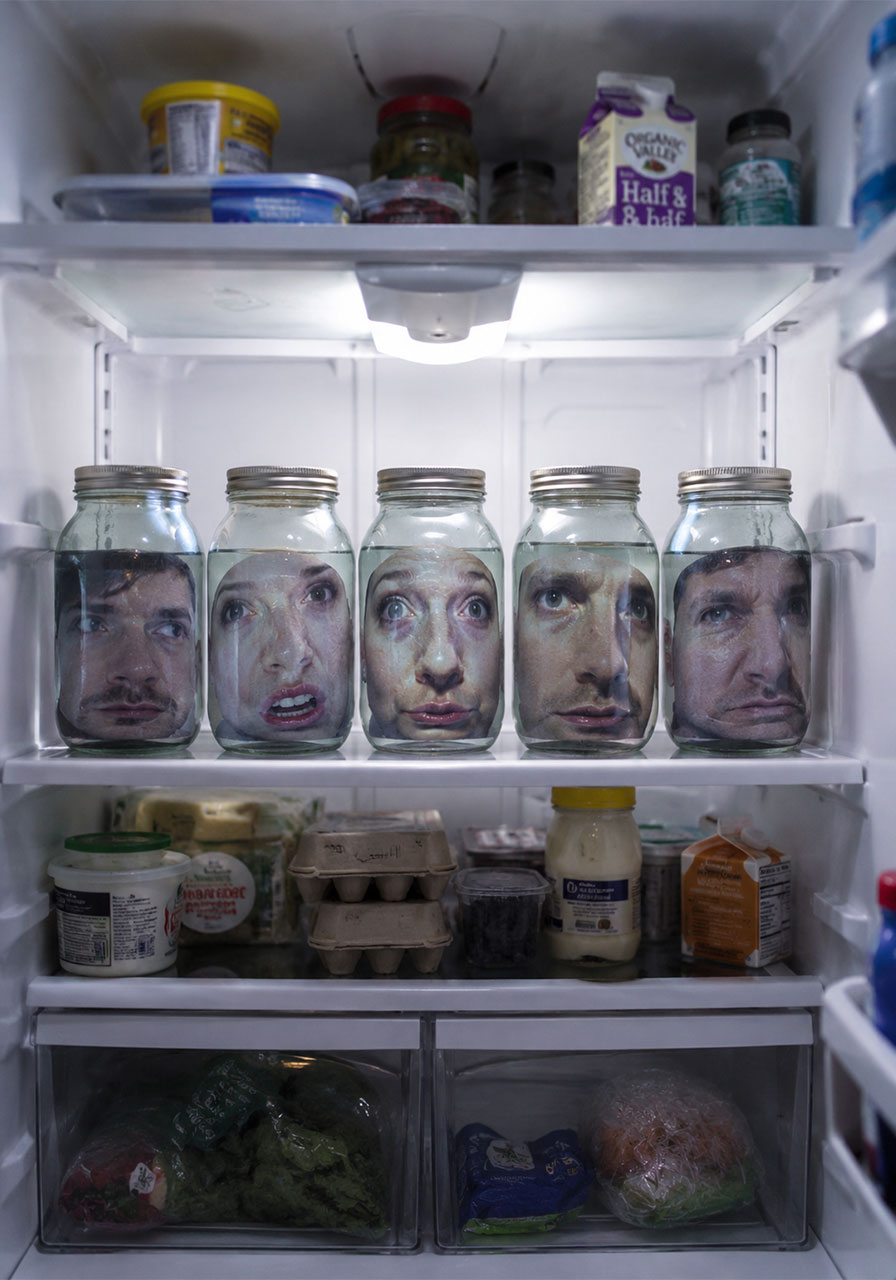 Spooky Halloween fridge prank jars with distorted faces in water