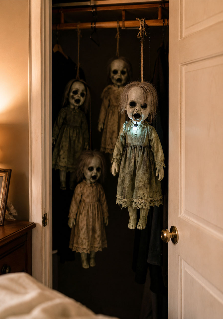 Zombie dolls hanging inside a closet for creepy Halloween decoration