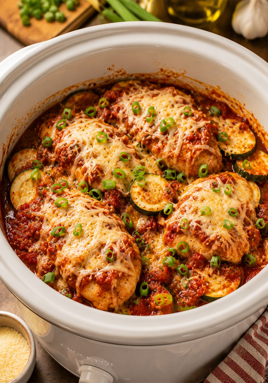 Crock-Pot Italian chicken and zucchini with melted parmesan