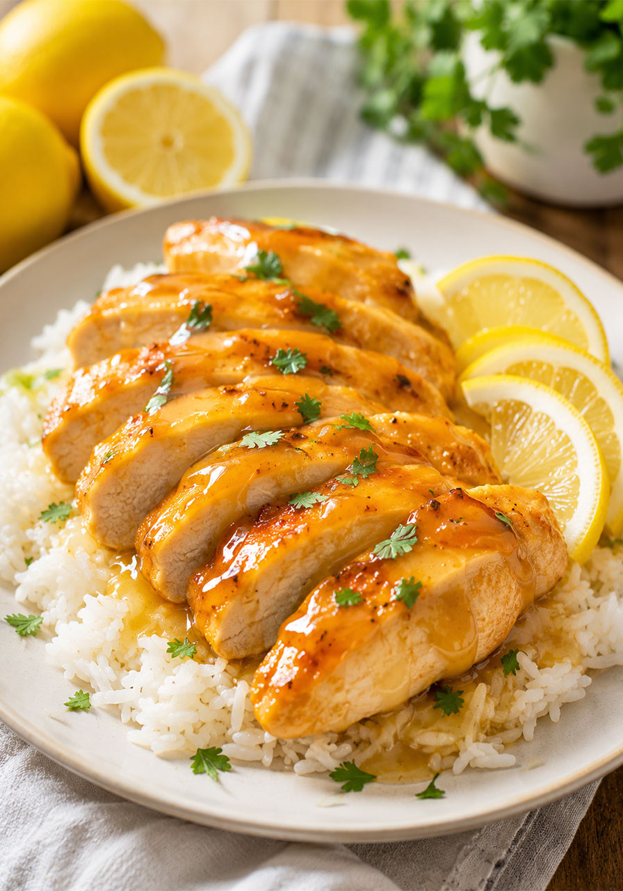 Crock-Pot lemonade chicken served over rice with citrus glaze