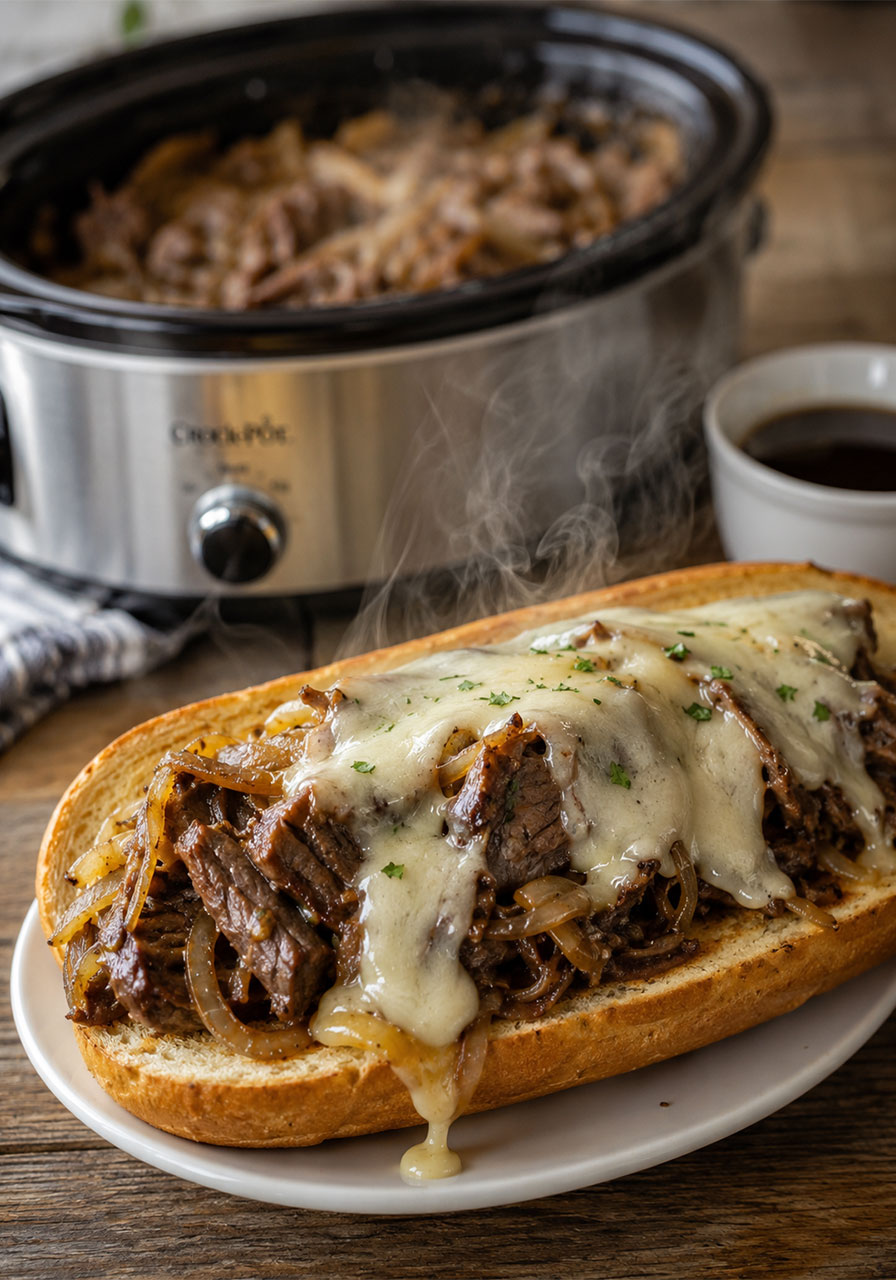 Crockpot Philly cheesesteak sandwich with melted provolone and beef