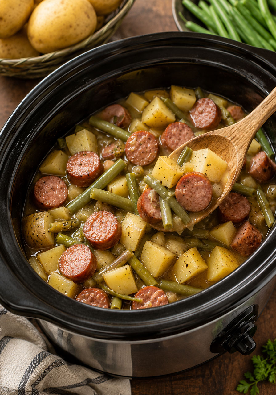 Crock-Pot potatoes sausage and green beans one-pot dinner