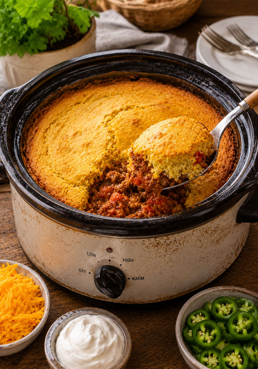 Crock-Pot Southwest tamale pie with golden cornbread topping