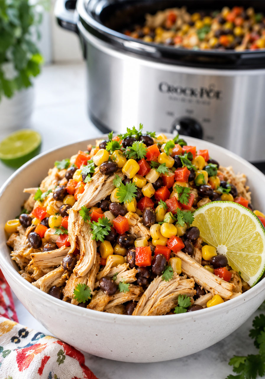 Crock-Pot Southwestern chicken bowl with black beans corn and lime
