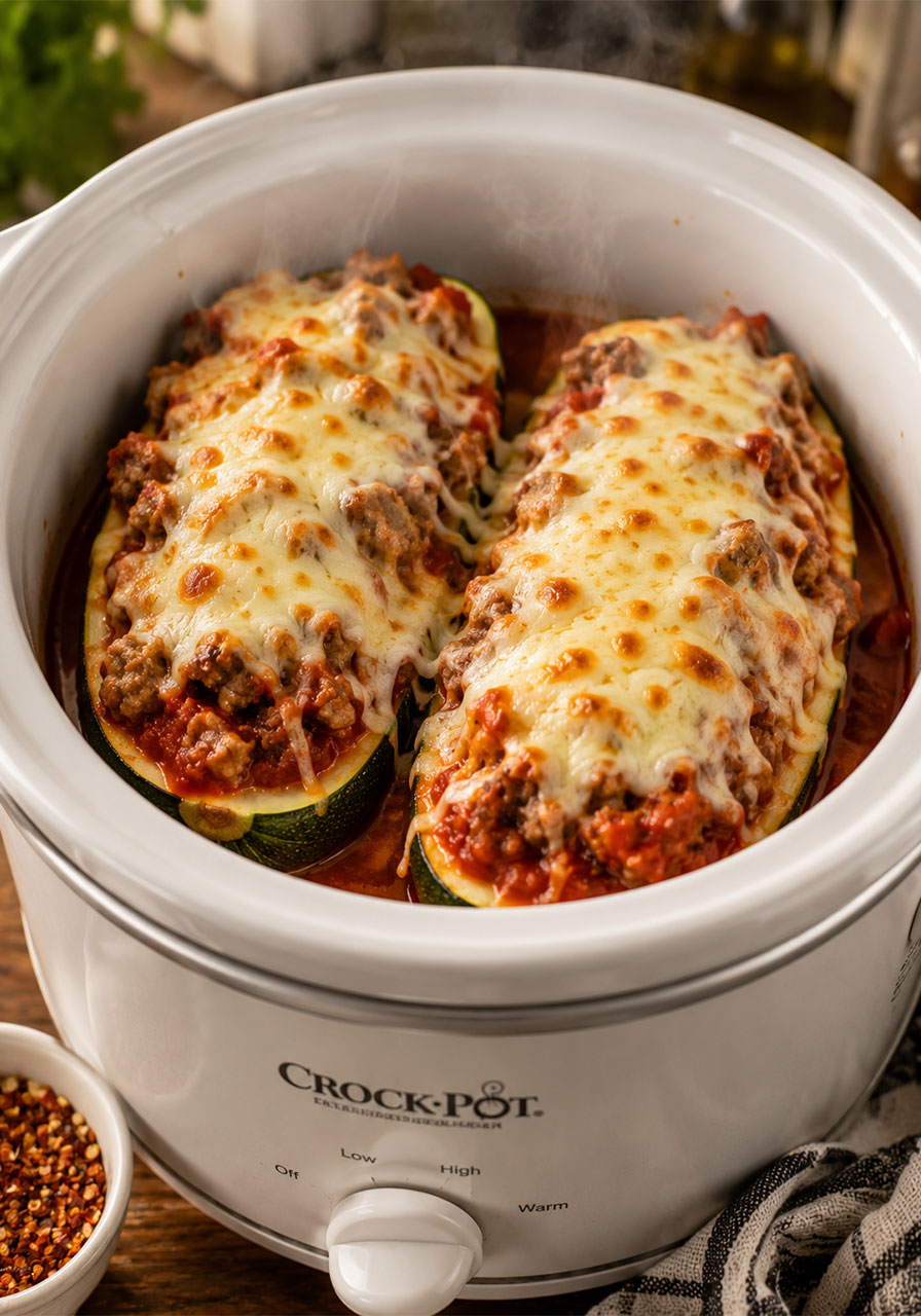 Crock-Pot zucchini pizza boats with melted mozzarella cheese