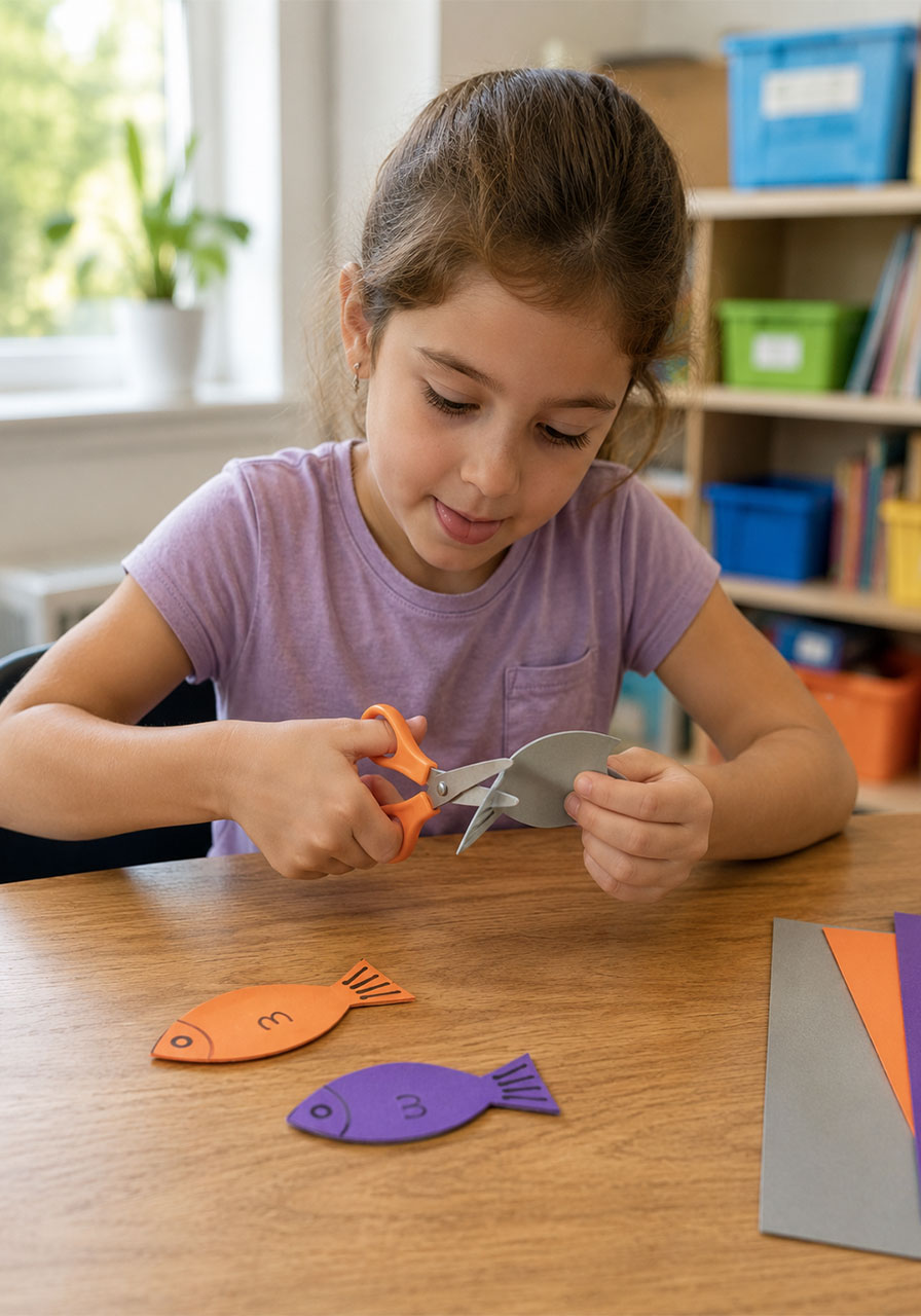 Child cutting craft foam fish shape with V notch tail for swimming fish experiment