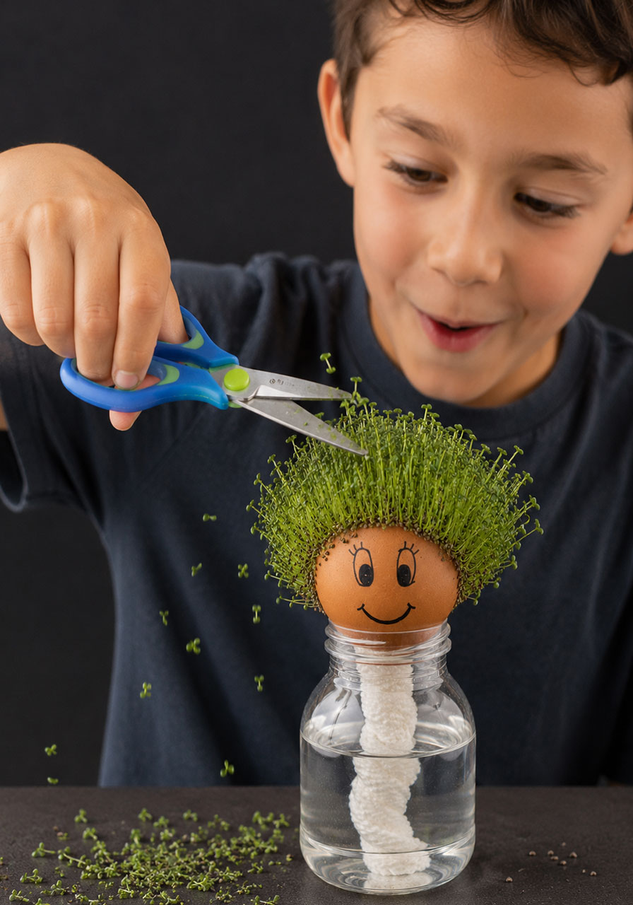 Day 15: kids give the chia seed egg head its first haircut