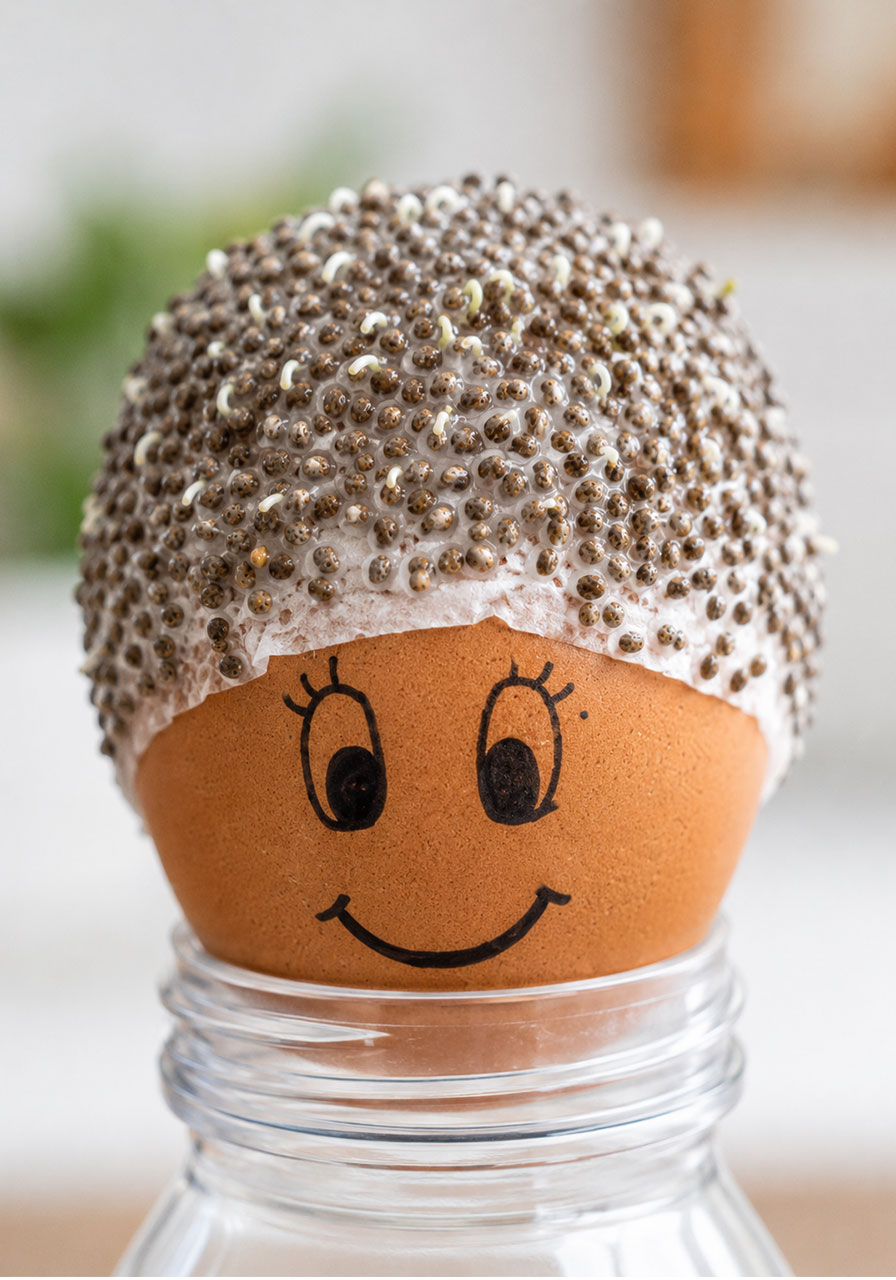 Day 2 progress: chia seeds swelling and beginning to sprout on egg head