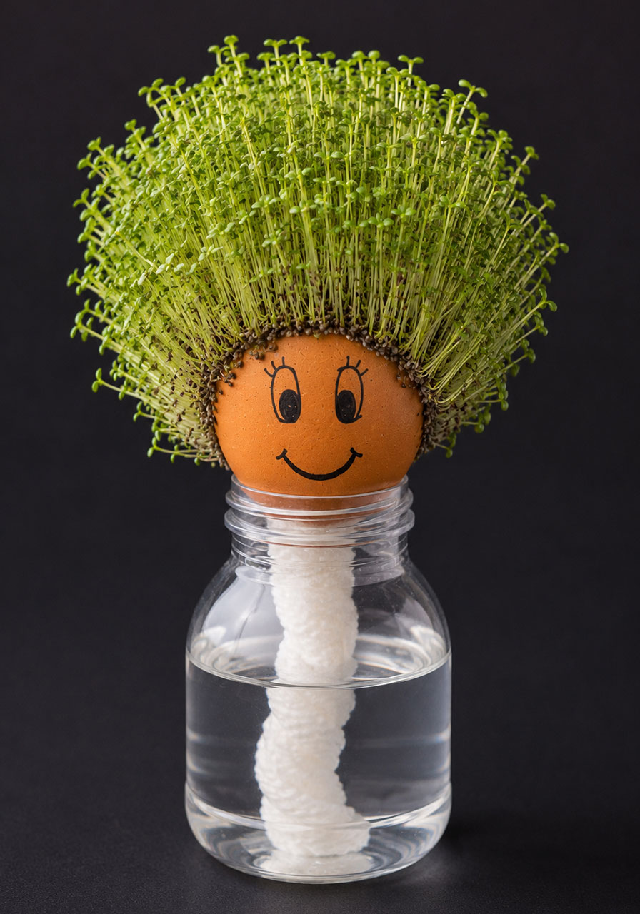 Day 7 growth: thick green chia sprouts covering the egg head like hair