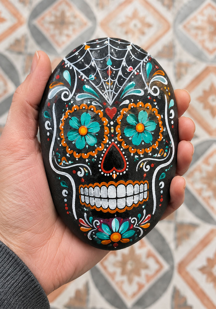 Hand-painted Day of the Dead sugar skull rock Halloween craft