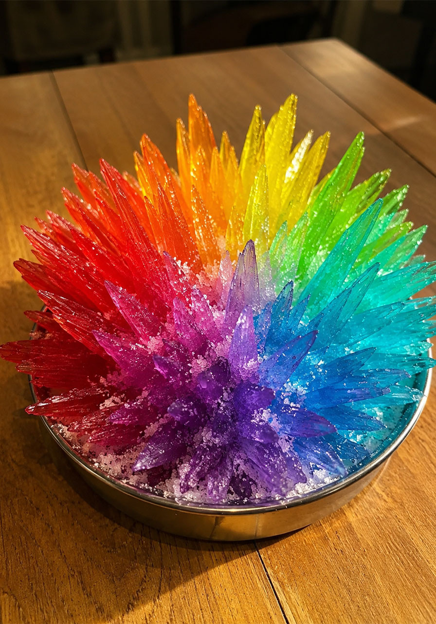 Finished rainbow sugar crystal eruption recipe with colorful crystal spikes in a bowl