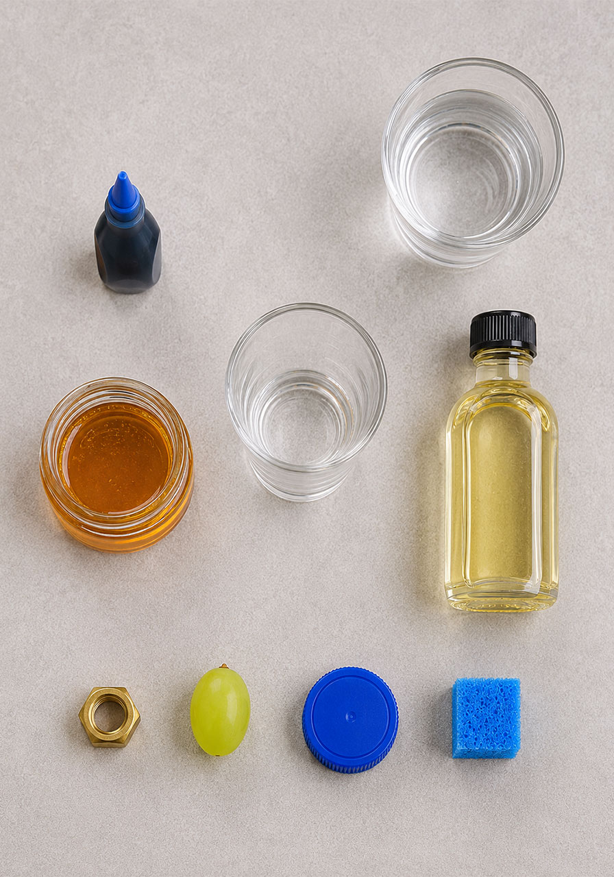 Materials needed for the oil water honey density experiment including honey, oil, and food coloring